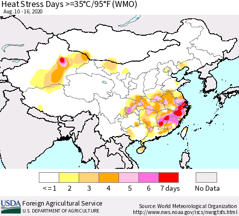 China and Taiwan Heat Stress Days >=35°C/95°F (WMO) Thematic Map For 8/10/2020 - 8/16/2020