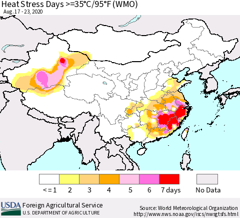 China and Taiwan Heat Stress Days >=35°C/95°F (WMO) Thematic Map For 8/17/2020 - 8/23/2020