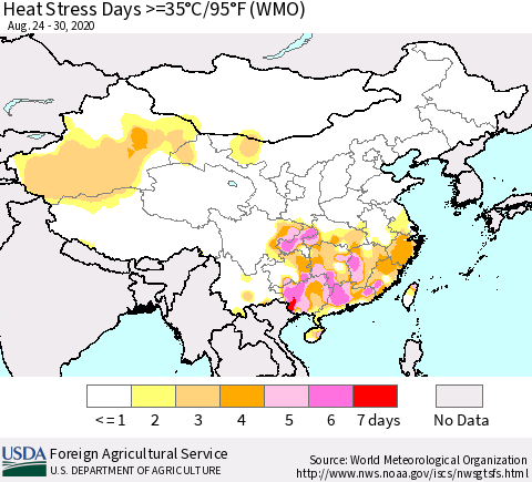 China and Taiwan Heat Stress Days >=35°C/95°F (WMO) Thematic Map For 8/24/2020 - 8/30/2020