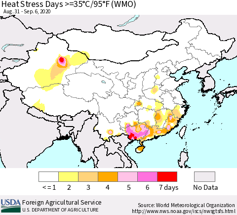 China and Taiwan Heat Stress Days >=35°C/95°F (WMO) Thematic Map For 8/31/2020 - 9/6/2020