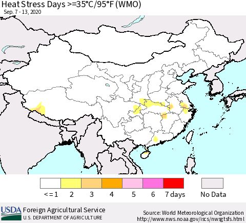 China and Taiwan Heat Stress Days >=35°C/95°F (WMO) Thematic Map For 9/7/2020 - 9/13/2020