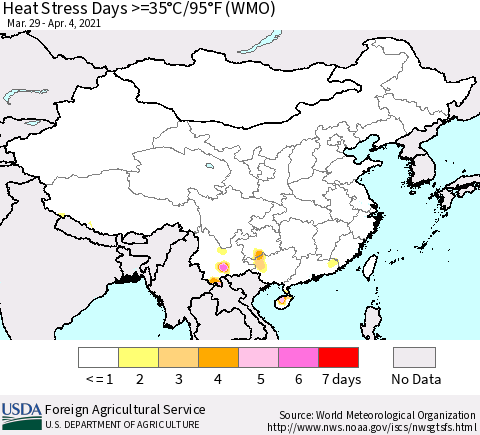China, Mongolia and Taiwan Heat Stress Days >=35°C/95°F (WMO) Thematic Map For 3/29/2021 - 4/4/2021
