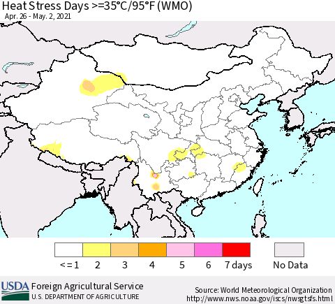 China, Mongolia and Taiwan Heat Stress Days >=35°C/95°F (WMO) Thematic Map For 4/26/2021 - 5/2/2021