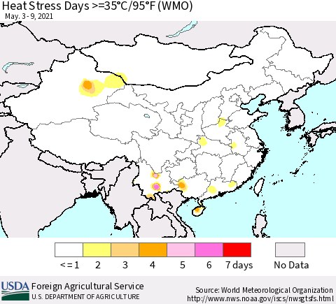 China, Mongolia and Taiwan Heat Stress Days >=35°C/95°F (WMO) Thematic Map For 5/3/2021 - 5/9/2021