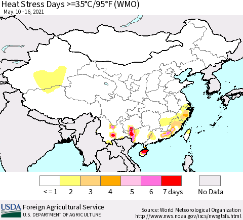 China, Mongolia and Taiwan Heat Stress Days >=35°C/95°F (WMO) Thematic Map For 5/10/2021 - 5/16/2021