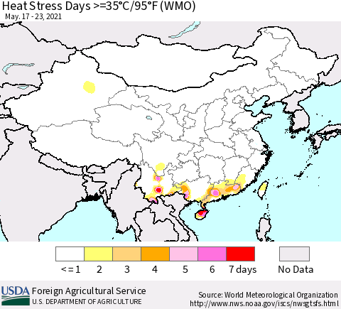 China, Mongolia and Taiwan Heat Stress Days >=35°C/95°F (WMO) Thematic Map For 5/17/2021 - 5/23/2021