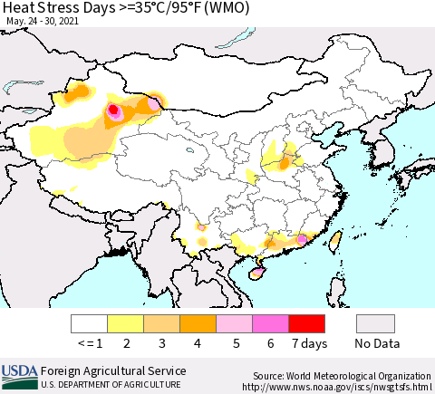 China, Mongolia and Taiwan Heat Stress Days >=35°C/95°F (WMO) Thematic Map For 5/24/2021 - 5/30/2021