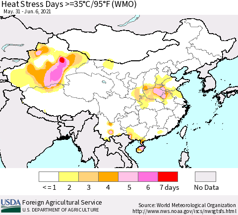 China, Mongolia and Taiwan Heat Stress Days >=35°C/95°F (WMO) Thematic Map For 5/31/2021 - 6/6/2021