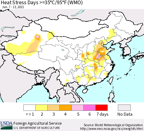 China, Mongolia and Taiwan Heat Stress Days >=35°C/95°F (WMO) Thematic Map For 6/7/2021 - 6/13/2021