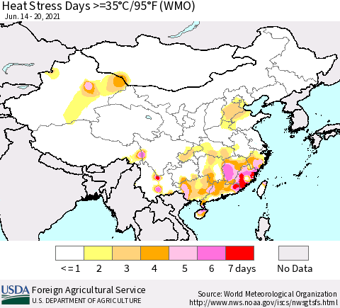 China, Mongolia and Taiwan Heat Stress Days >=35°C/95°F (WMO) Thematic Map For 6/14/2021 - 6/20/2021
