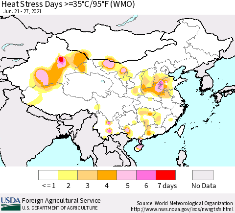 China, Mongolia and Taiwan Heat Stress Days >=35°C/95°F (WMO) Thematic Map For 6/21/2021 - 6/27/2021