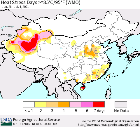 China, Mongolia and Taiwan Heat Stress Days >=35°C/95°F (WMO) Thematic Map For 6/28/2021 - 7/4/2021