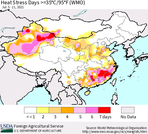 China, Mongolia and Taiwan Heat Stress Days >=35°C/95°F (WMO) Thematic Map For 7/5/2021 - 7/11/2021