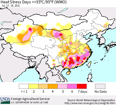 China, Mongolia and Taiwan Heat Stress Days >=35°C/95°F (WMO) Thematic Map For 7/12/2021 - 7/18/2021