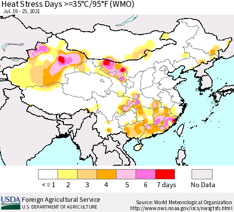 China, Mongolia and Taiwan Heat Stress Days >=35°C/95°F (WMO) Thematic Map For 7/19/2021 - 7/25/2021