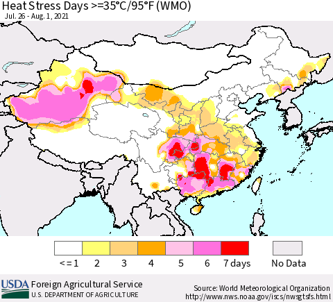 China, Mongolia and Taiwan Heat Stress Days >=35°C/95°F (WMO) Thematic Map For 7/26/2021 - 8/1/2021