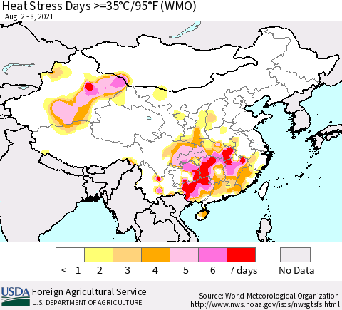China, Mongolia and Taiwan Heat Stress Days >=35°C/95°F (WMO) Thematic Map For 8/2/2021 - 8/8/2021