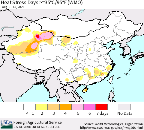 China, Mongolia and Taiwan Heat Stress Days >=35°C/95°F (WMO) Thematic Map For 8/9/2021 - 8/15/2021