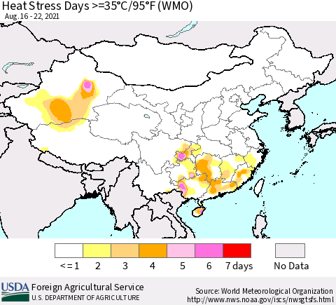 China, Mongolia and Taiwan Heat Stress Days >=35°C/95°F (WMO) Thematic Map For 8/16/2021 - 8/22/2021