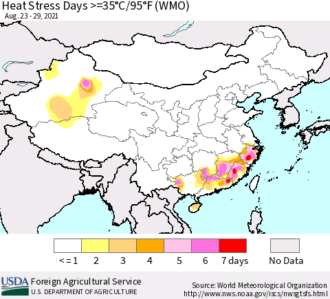 China, Mongolia and Taiwan Heat Stress Days >=35°C/95°F (WMO) Thematic Map For 8/23/2021 - 8/29/2021