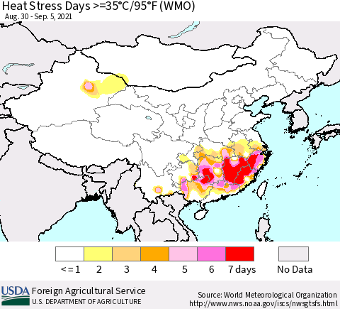 China, Mongolia and Taiwan Heat Stress Days >=35°C/95°F (WMO) Thematic Map For 8/30/2021 - 9/5/2021