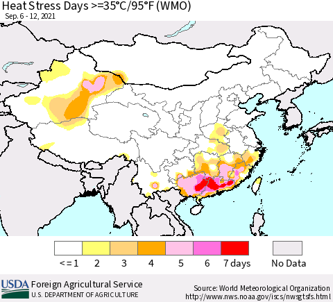 China, Mongolia and Taiwan Heat Stress Days >=35°C/95°F (WMO) Thematic Map For 9/6/2021 - 9/12/2021