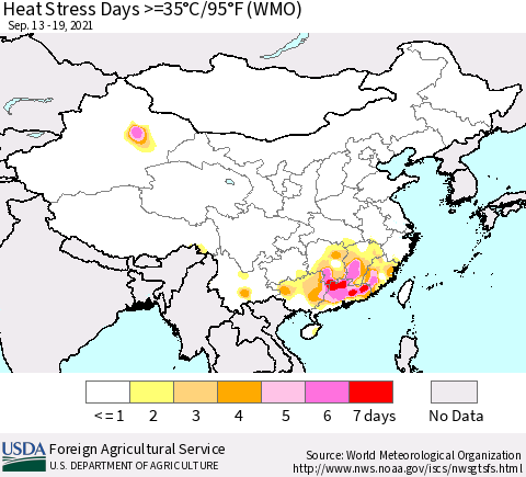 China, Mongolia and Taiwan Heat Stress Days >=35°C/95°F (WMO) Thematic Map For 9/13/2021 - 9/19/2021