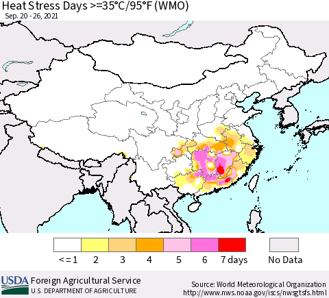 China, Mongolia and Taiwan Heat Stress Days >=35°C/95°F (WMO) Thematic Map For 9/20/2021 - 9/26/2021