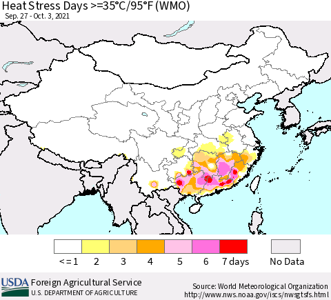 China, Mongolia and Taiwan Heat Stress Days >=35°C/95°F (WMO) Thematic Map For 9/27/2021 - 10/3/2021