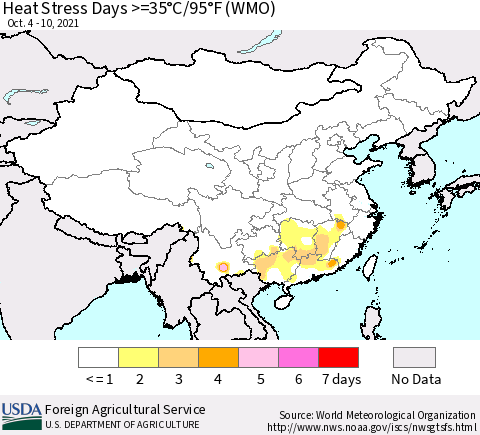 China, Mongolia and Taiwan Heat Stress Days >=35°C/95°F (WMO) Thematic Map For 10/4/2021 - 10/10/2021