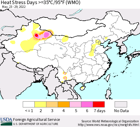 China, Mongolia and Taiwan Heat Stress Days >=35°C/95°F (WMO) Thematic Map For 5/23/2022 - 5/29/2022