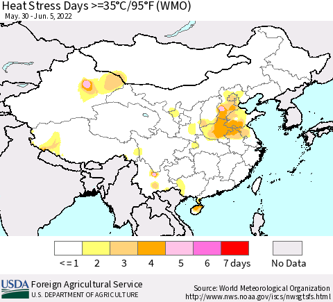 China, Mongolia and Taiwan Heat Stress Days >=35°C/95°F (WMO) Thematic Map For 5/30/2022 - 6/5/2022