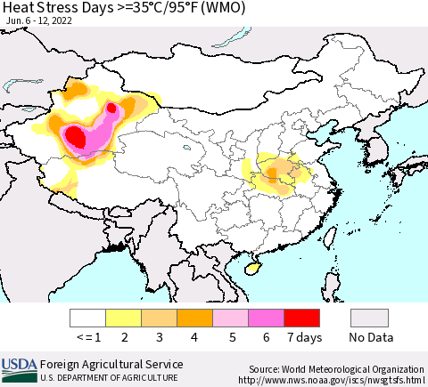 China, Mongolia and Taiwan Heat Stress Days >=35°C/95°F (WMO) Thematic Map For 6/6/2022 - 6/12/2022