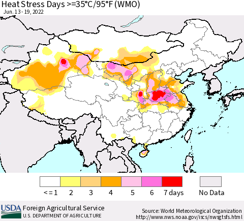 China, Mongolia and Taiwan Heat Stress Days >=35°C/95°F (WMO) Thematic Map For 6/13/2022 - 6/19/2022