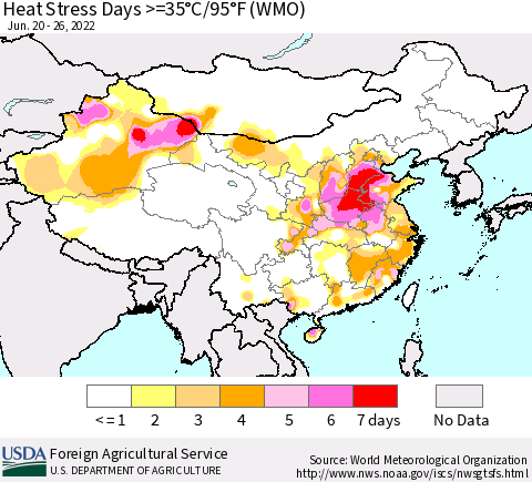 China, Mongolia and Taiwan Heat Stress Days >=35°C/95°F (WMO) Thematic Map For 6/20/2022 - 6/26/2022