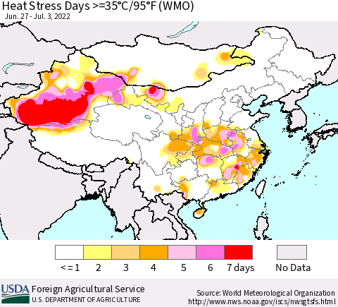 China, Mongolia and Taiwan Heat Stress Days >=35°C/95°F (WMO) Thematic Map For 6/27/2022 - 7/3/2022