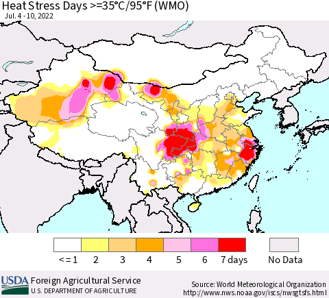 China, Mongolia and Taiwan Heat Stress Days >=35°C/95°F (WMO) Thematic Map For 7/4/2022 - 7/10/2022