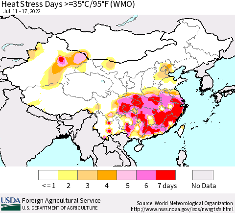 China, Mongolia and Taiwan Heat Stress Days >=35°C/95°F (WMO) Thematic Map For 7/11/2022 - 7/17/2022