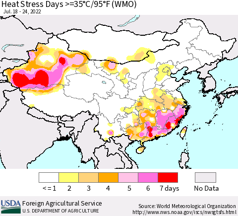 China, Mongolia and Taiwan Heat Stress Days >=35°C/95°F (WMO) Thematic Map For 7/18/2022 - 7/24/2022