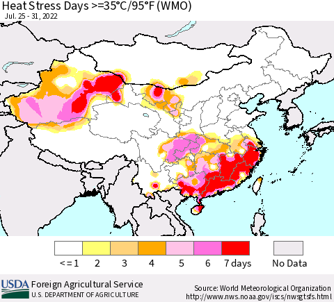 China, Mongolia and Taiwan Heat Stress Days >=35°C/95°F (WMO) Thematic Map For 7/25/2022 - 7/31/2022