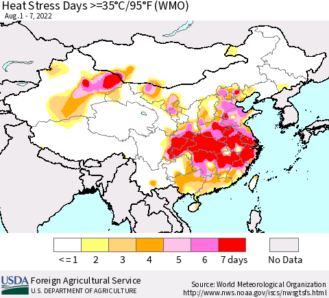 China, Mongolia and Taiwan Heat Stress Days >=35°C/95°F (WMO) Thematic Map For 8/1/2022 - 8/7/2022