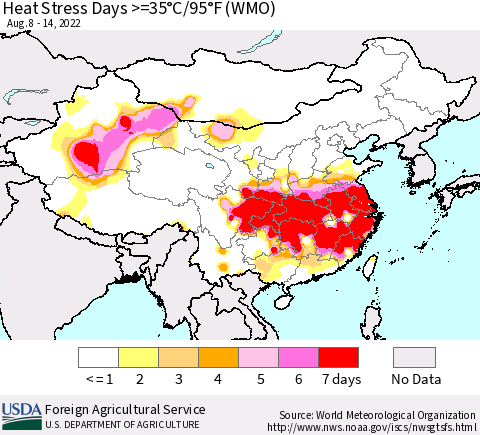 China, Mongolia and Taiwan Heat Stress Days >=35°C/95°F (WMO) Thematic Map For 8/8/2022 - 8/14/2022