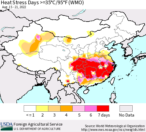 China, Mongolia and Taiwan Heat Stress Days >=35°C/95°F (WMO) Thematic Map For 8/15/2022 - 8/21/2022