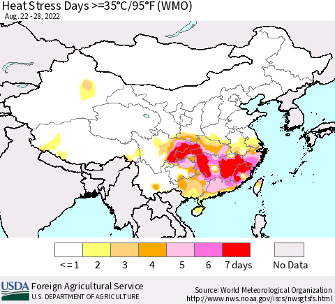 China, Mongolia and Taiwan Heat Stress Days >=35°C/95°F (WMO) Thematic Map For 8/22/2022 - 8/28/2022