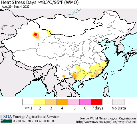 China, Mongolia and Taiwan Heat Stress Days >=35°C/95°F (WMO) Thematic Map For 8/29/2022 - 9/4/2022