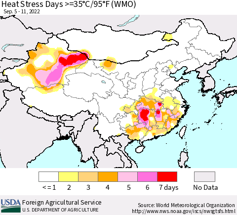 China, Mongolia and Taiwan Heat Stress Days >=35°C/95°F (WMO) Thematic Map For 9/5/2022 - 9/11/2022