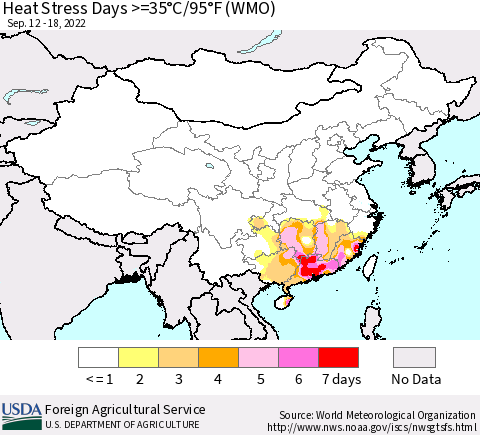 China, Mongolia and Taiwan Heat Stress Days >=35°C/95°F (WMO) Thematic Map For 9/12/2022 - 9/18/2022