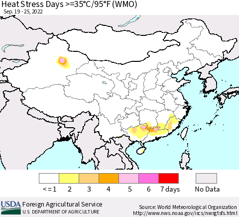 China, Mongolia and Taiwan Heat Stress Days >=35°C/95°F (WMO) Thematic Map For 9/19/2022 - 9/25/2022