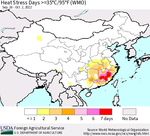 China, Mongolia and Taiwan Heat Stress Days >=35°C/95°F (WMO) Thematic Map For 9/26/2022 - 10/2/2022