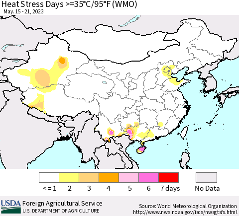 China, Mongolia and Taiwan Heat Stress Days >=35°C/95°F (WMO) Thematic Map For 5/15/2023 - 5/21/2023